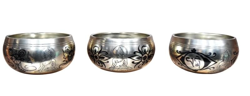 Tibetan Brass Singing Bowl With Buddha &  Buddhist Symbols Printed - Gold Polish - Image 3