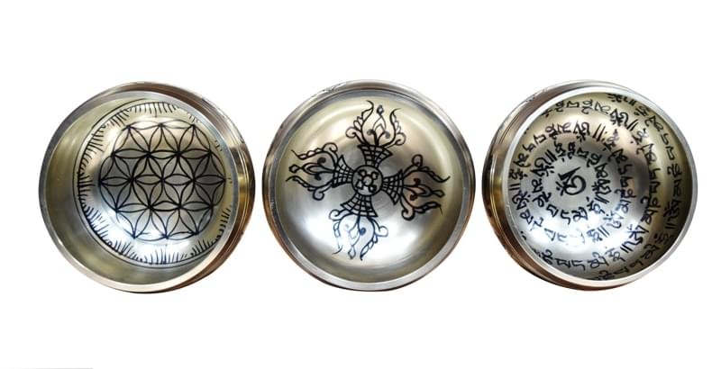 Tibetan Brass Singing Bowl With Buddha &  Buddhist Symbols Printed - Gold Polish - Image 2