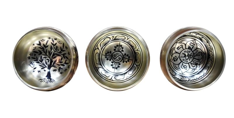 Tibetan Brass Singing Bowl With Buddha &  Buddhist Symbols Printed - Gold Polish - Image 4