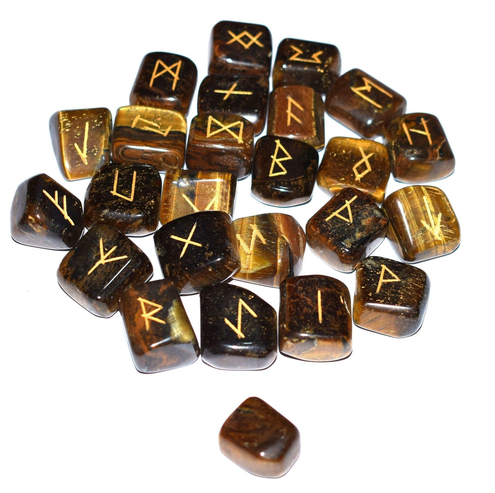 Tiger Eye Rune Stone Set with Engraved Futhark Alphabet
