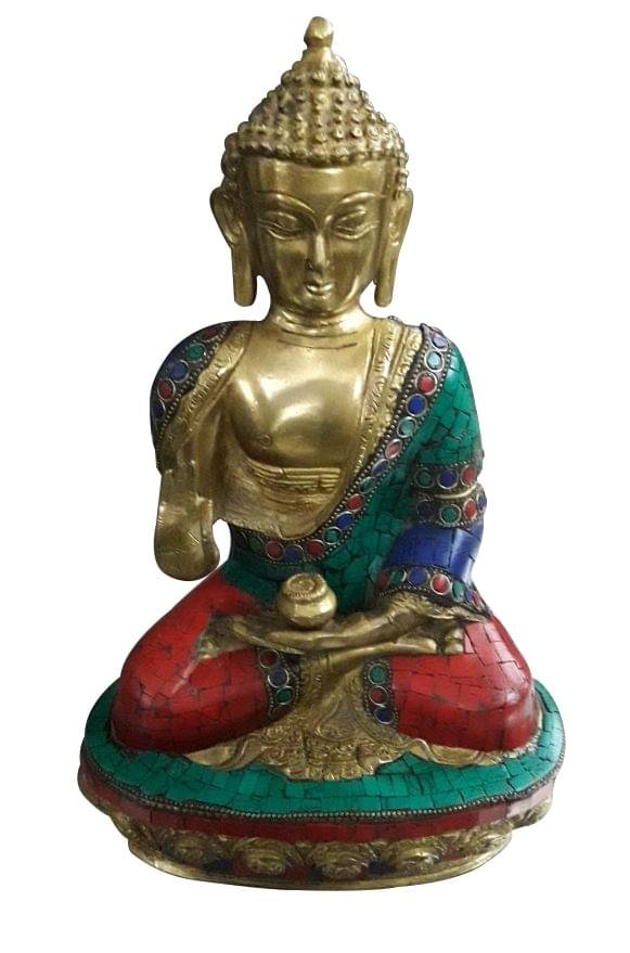 Turquoise Brass Buddha in Blessing Statue - Image 2