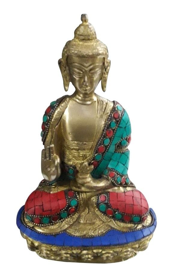 Turquoise Brass Buddha in Blessing Statue