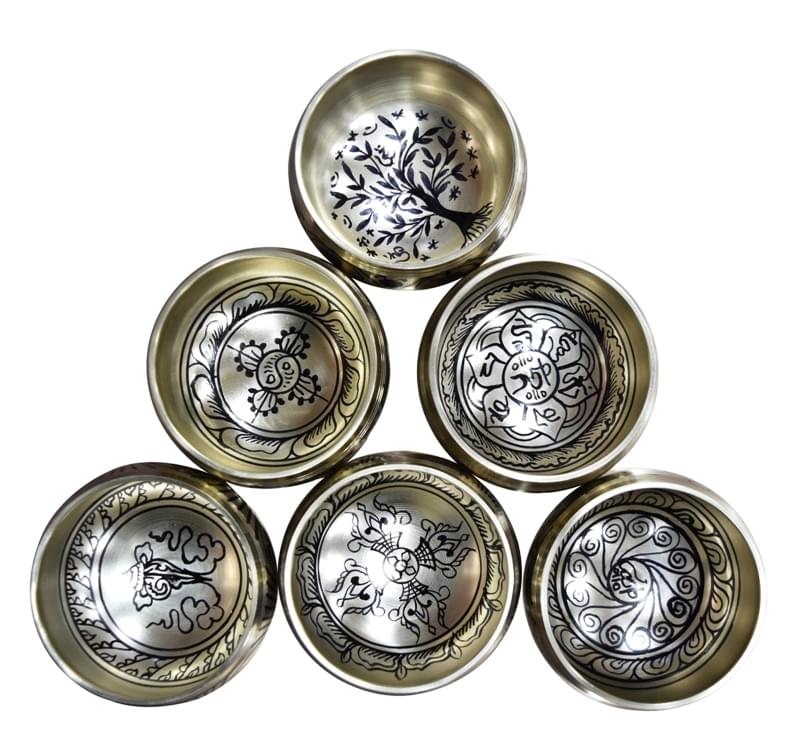 Tibetan Brass Singing Bowl With Buddha &  Buddhist Symbols Printed - Gold Polish