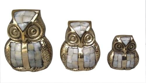 Brass & Mother of Pearl Elephant / Owl  Figurines - Set of 3 - Image 2