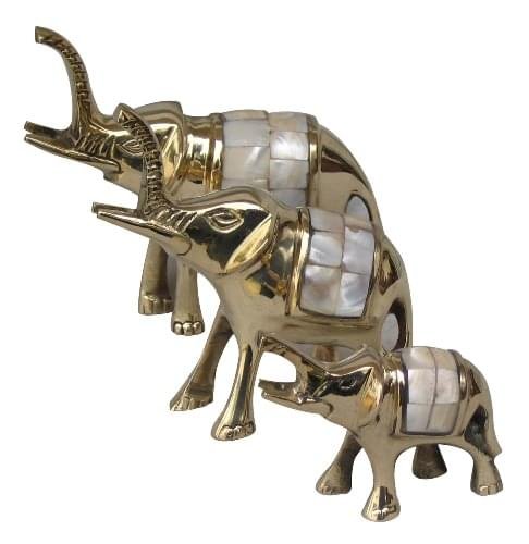 Brass & Mother of Pearl Elephant / Owl  Figurines - Set of 3