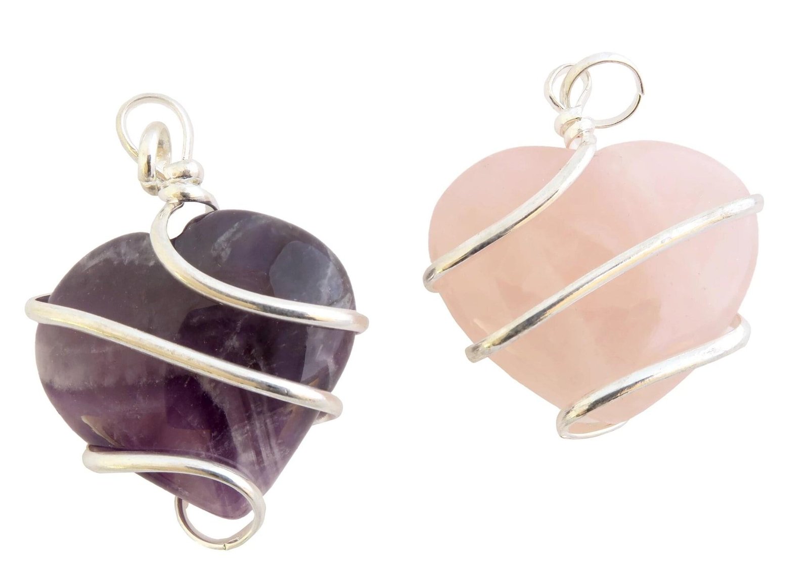 Wire Wrapped Heart Amethyst And Rose Quartz Pendant