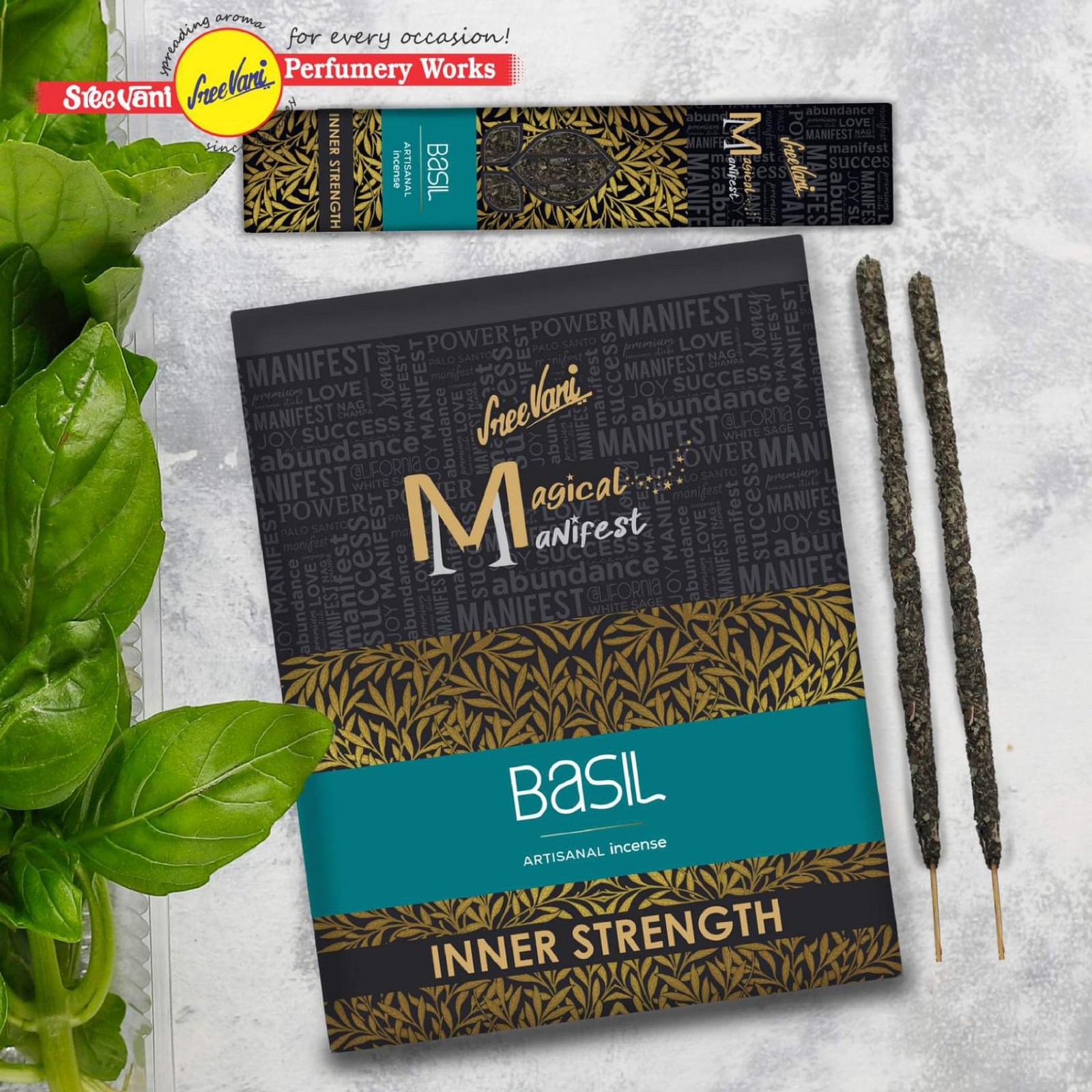 Sreevani Megical Manifest Incense - Basil  / Artisanal Incense Sticks  / 4 Thick Sticks / 12 Packs Box
