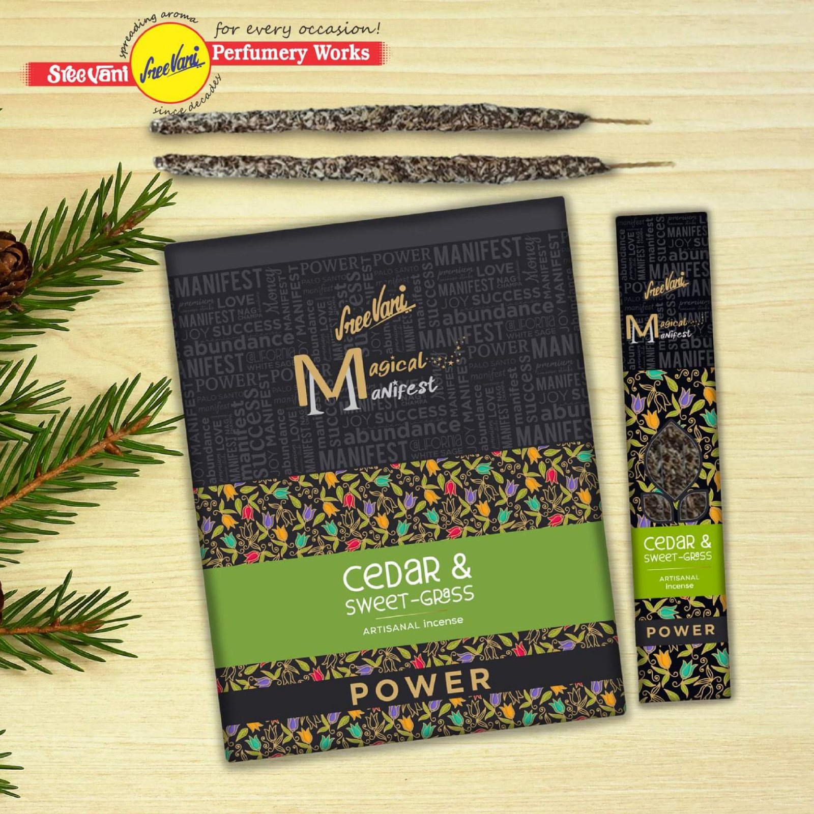 Sreevani Megical Manifest Incense - Cedar & Sweet-Grass /Artisanal Incense Sticks /4 Thick Sticks / 12 Packs Box