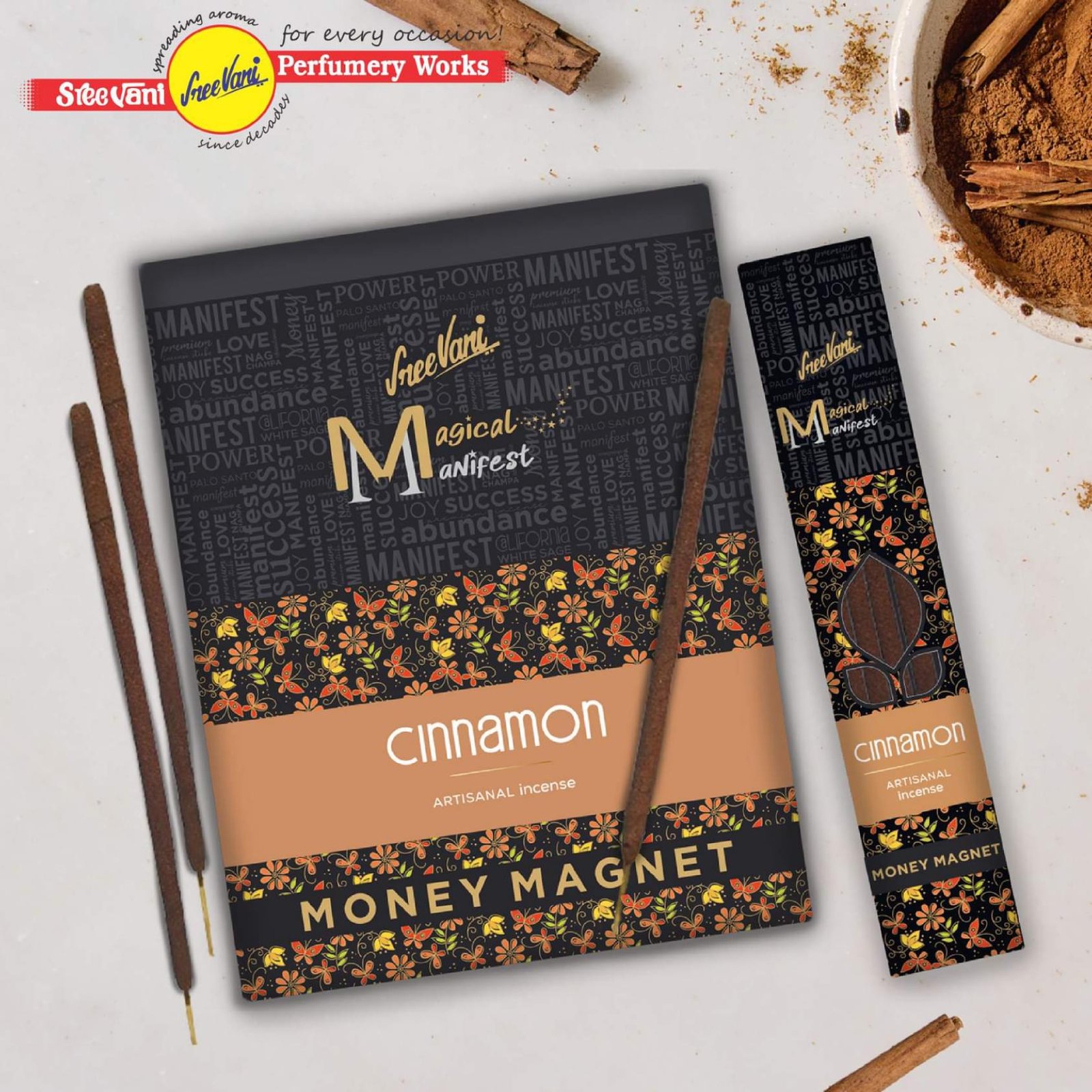 Sreevani Megical Manifest Incense - Cinnamon /Artisanal Incense Sticks /4 Thick Sticks / 12 Packs Box