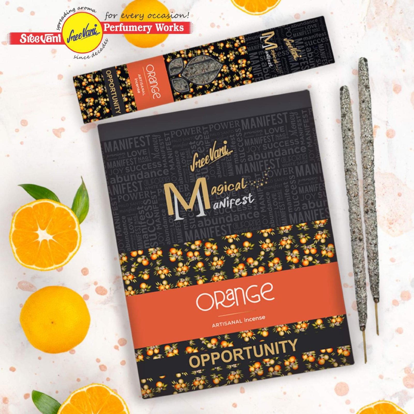 Sreevani Megical Manifest Incense - Orange /Artisanal Incense Sticks /4 Thick Sticks / 12 Packs Box