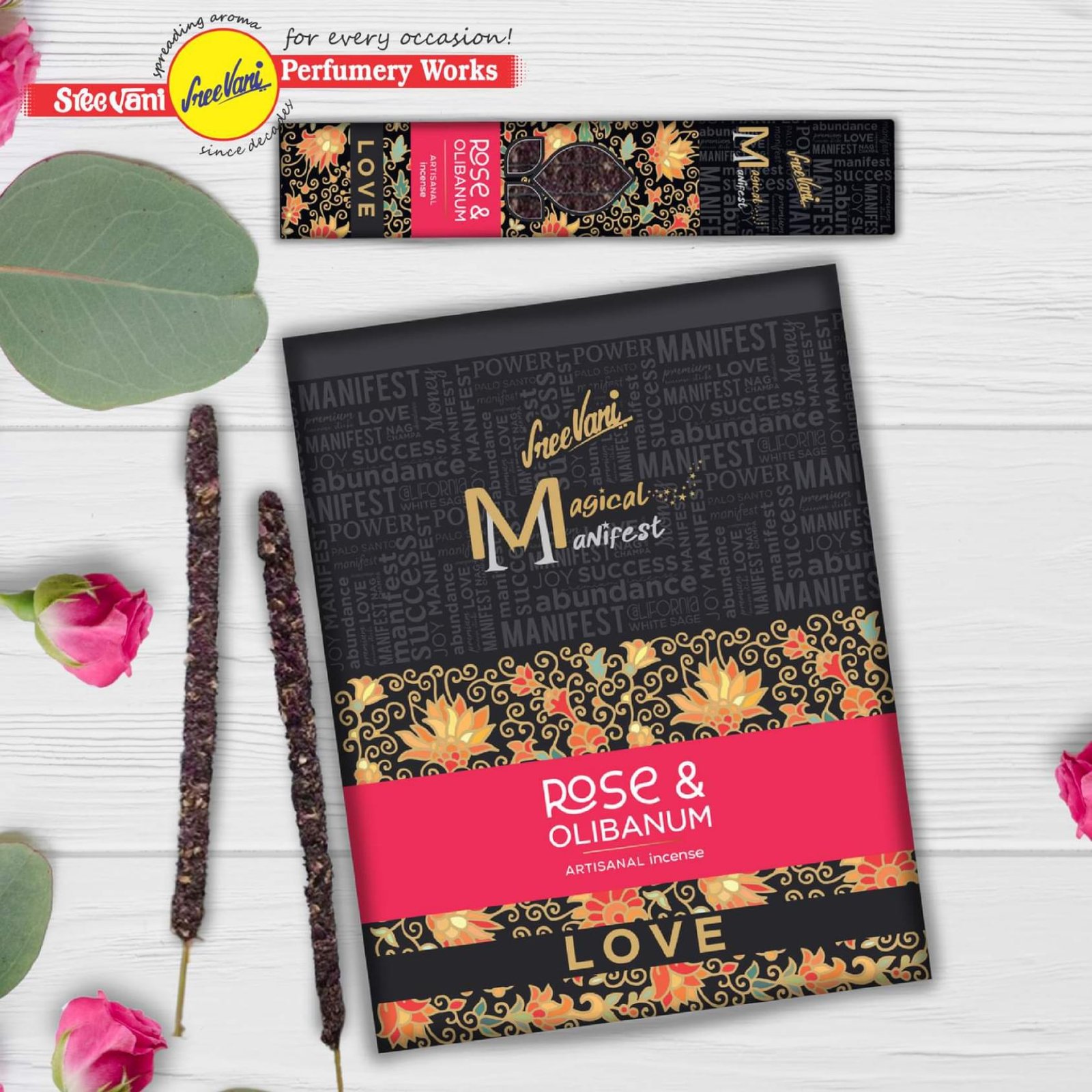 Sreevani Megical Manifest Incense - Rose & Olibanum / Artisanal Incense Sticks /4 Thick Sticks / 12 Packs Box