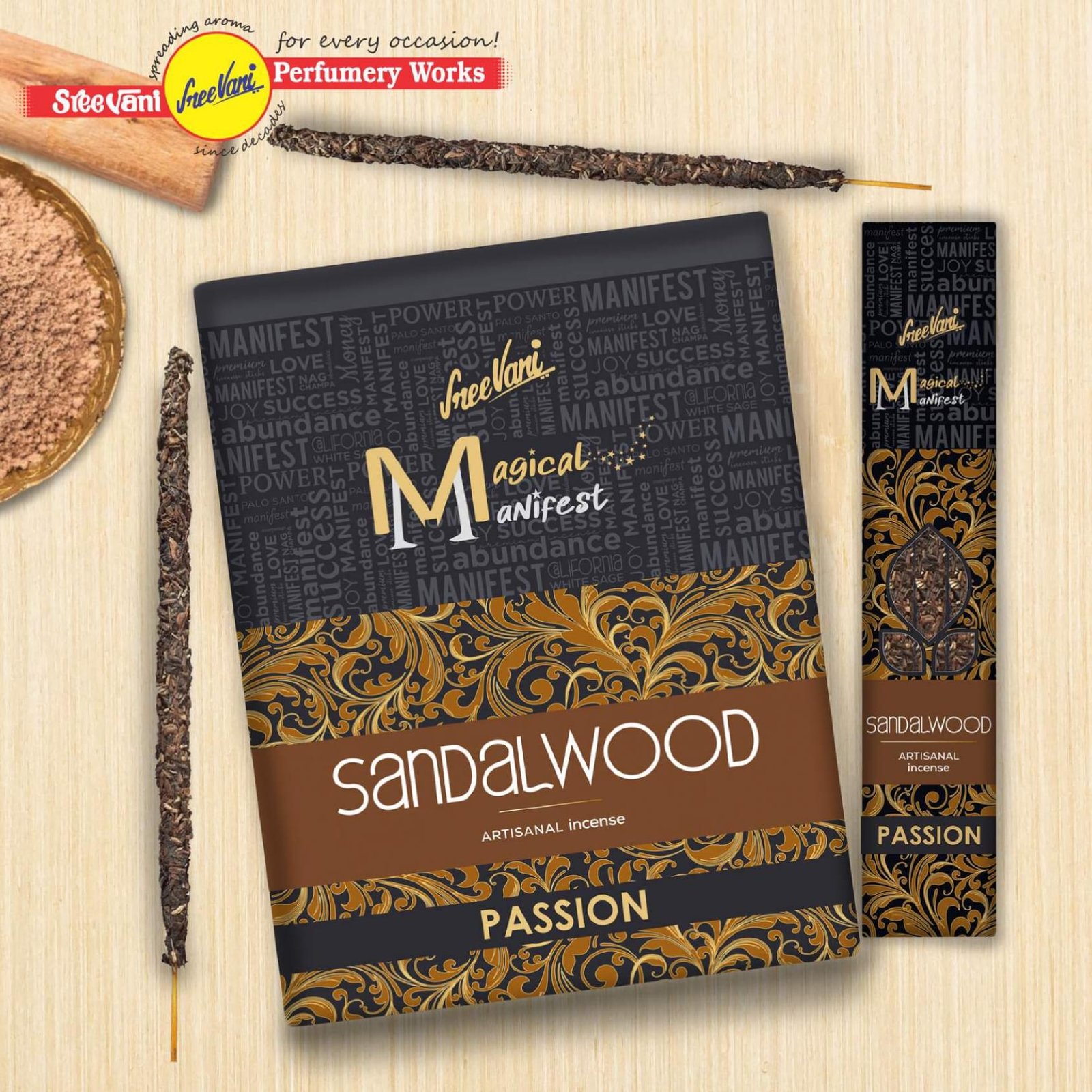Sreevani Megical Manifest Incense - Sandalwood  / Artisanal Incense Sticks /  4 Thick Sticks / 12 Packs Box